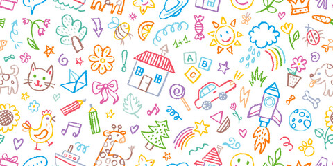 Kid pattern, baby background. Crayon seamless bg. Cute hand drawn children pattern with house school cloud flower rainbow sun tree cat. Summer color sketch background. Pencil crayon preschool scribble