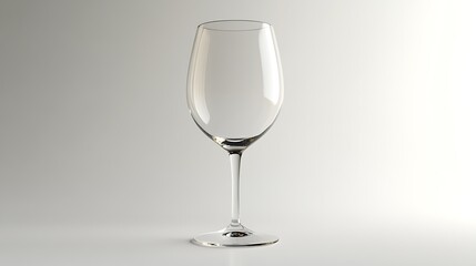 Isolated clear wine glass with long stem standing on a white surface in front of a white background