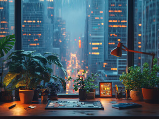 Cozy Office Overlooking Rainy Cityscape