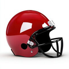 Fototapeta premium Glossy red American football helmet with black facemask, isolated on a clean white background for sports and safety themes.
