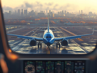 Cockpit View of Airplane Preparing for Takeoff at Sunrise