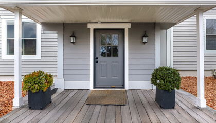 a grey modern farmhouse front door with a covered porch wood front door with glass window and grey vinyl and wood siding