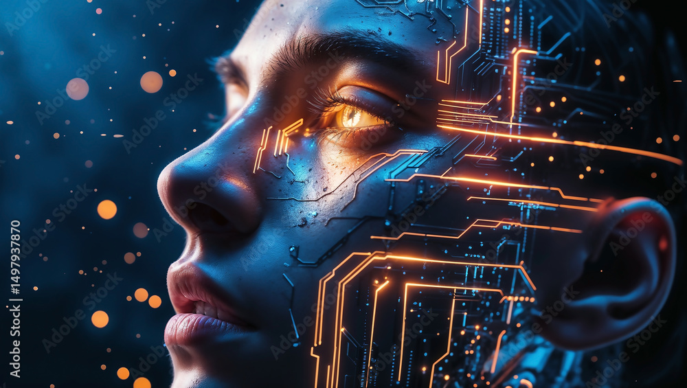 Poster human consciousness explores the dark expanse of technology, where binary code illuminates the mind'