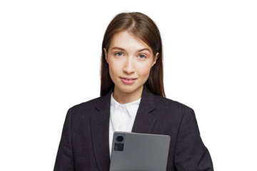 Professional woman in dark blazer holds tablet while confidently engaging in a modern workspace setting