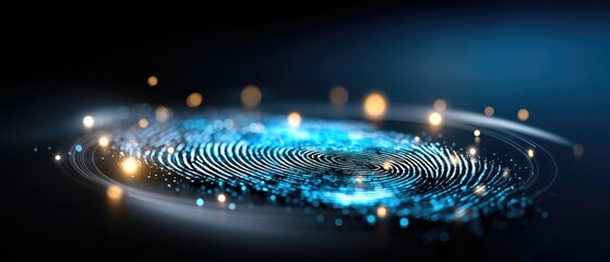 Digital fingerprint with glowing blue and yellow lights on a dark background, symbolizing technology and security.