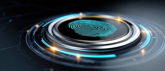 A glowing digital fingerprint scan surrounded by futuristic technology elements, symbolizing biometric security and advanced authentication.