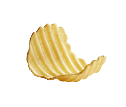 A single, slightly curved, ridged potato chip, pale yellow-gold in color, is isolated against a black background.  The chip shows crisp texture and slight shadows, suggesting a light source from above