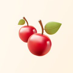 Bright 3D cherries with leaves. Delicious natural cherries. Banner for advertising cherry products, cherry juice, and desserts. Vector illustration.