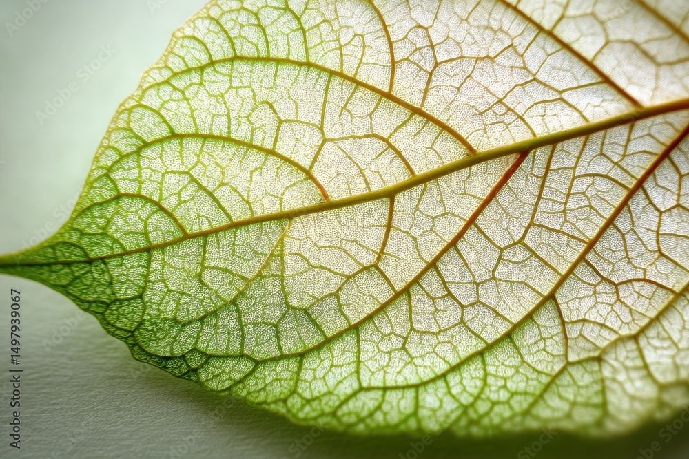 Poster an extreme close-up of a backlit translucent leaf, showcasing the intricate network of veins, cells 