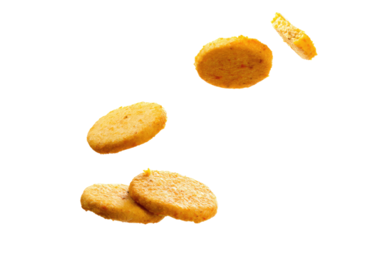 Floating golden brown disks with a black background creating a simple yet visually appealing image scene on transparent background