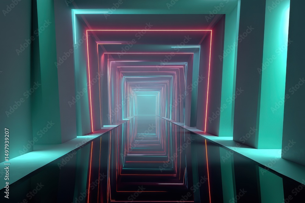 Poster an abstract, futuristic corridor with neon lights, creating a tunnel effect, showcasing modern desig
