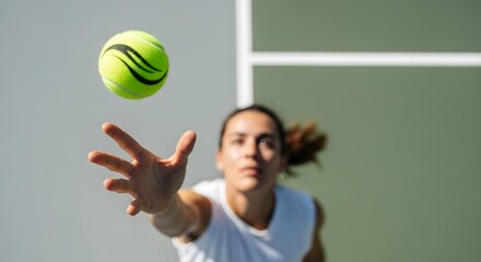 Woman Tennis Player Reaching for Ball Mid-Air on Court