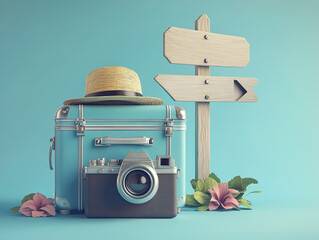 Vintage Travel Essentials: Camera, Suitcase, and Signpost