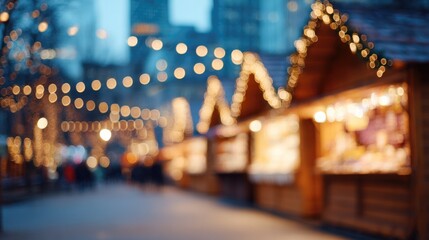 capture minimalistic scene at bustling christmas market focusing on festive stalls adorned with lights showcasing seasonal