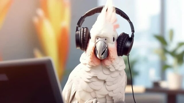 A cockatoo parrot with headphones working at a computer. The concept of sales by phone