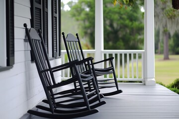 Two black rocking chairs on a white porch