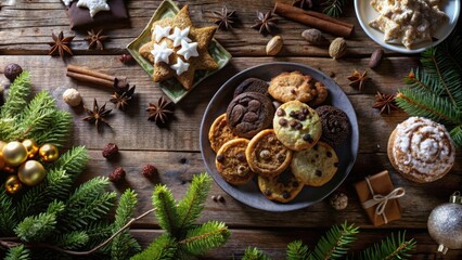 A festive table setting featuring various holiday cookies and treats, surrounded by fragrant cinnamon sticks, star anise, and sprigs of evergreen.