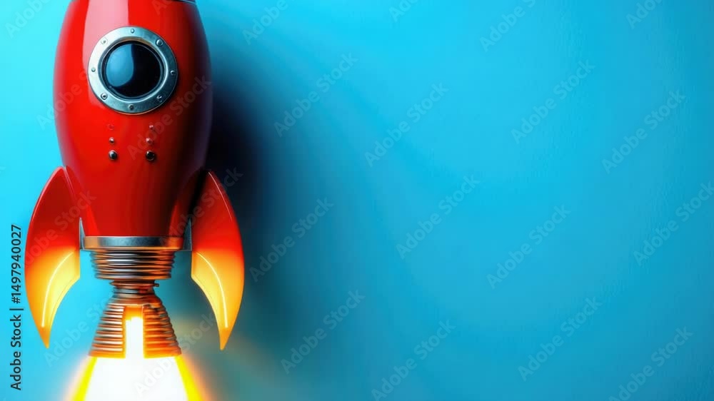 Poster a red rocket-shaped object against a bright blue background