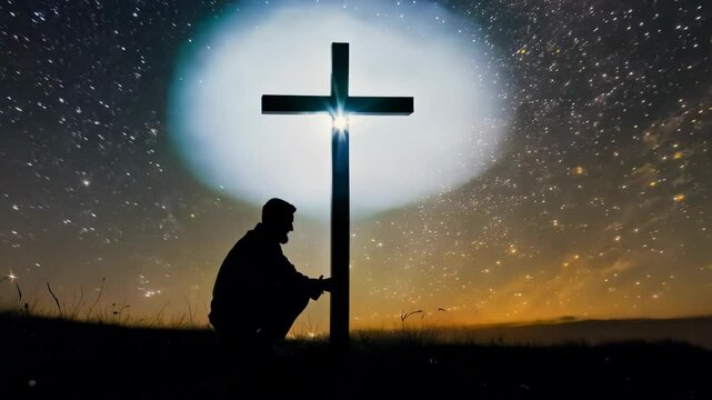 Kneeling in prayer, bokeh, lit cross, night sky, Christian surrender moment