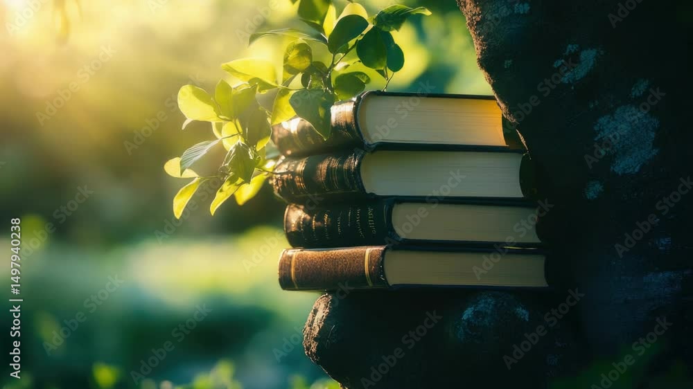 Poster Stack of books resting on the branches of a tree