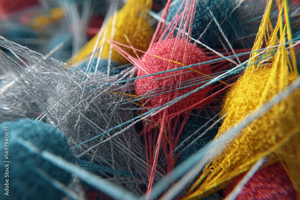 Poster close-up of intricately interwoven colorful threads and yarn, creating a tactile, textured abstract 