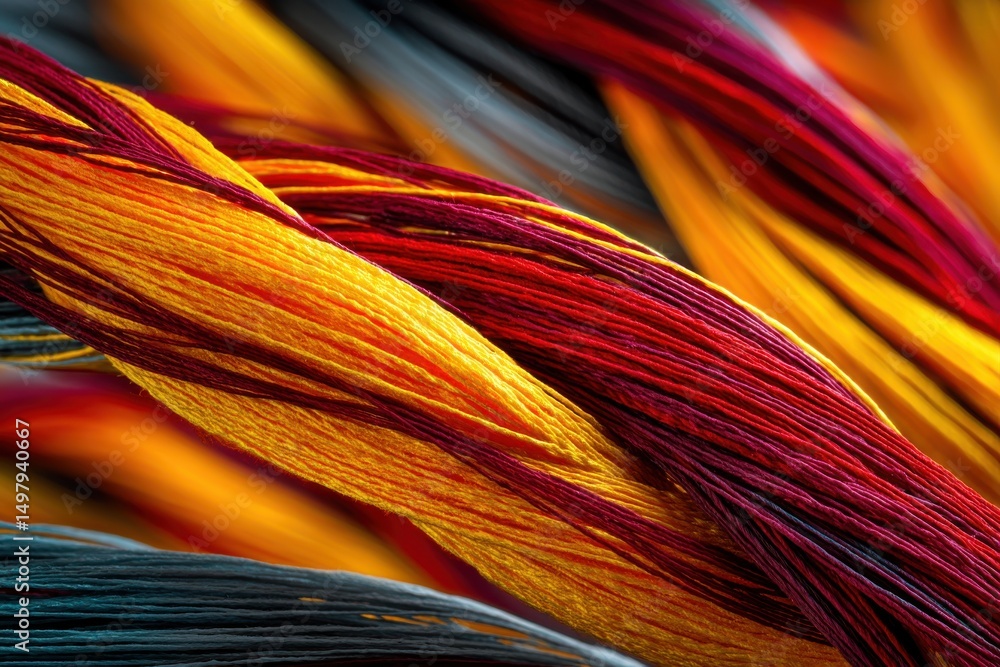 Poster close-up of vibrant threads in shades of red, yellow, and gray, creating a dynamic abstract pattern 