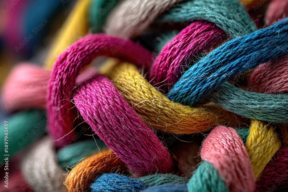Poster a close-up shot showcasing the vibrant texture of intertwined colorful ropes, creating a visually ap