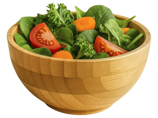 Fresh vegetable salad in wooden bowl isolated on white background 