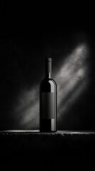 Elegant dark wine bottle standing on textured shadowy surface black background