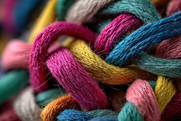 A close-up shot showcasing the vibrant texture of intertwined colorful ropes, creating a visually appealing and intricate pattern, perfect for backgrounds.