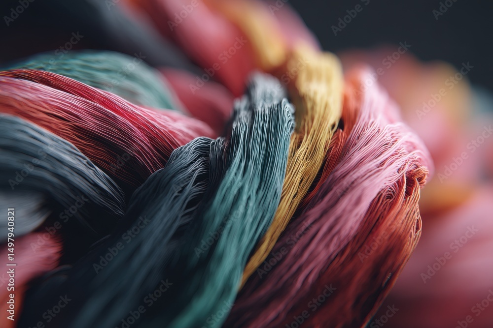Poster a close-up shot of a beautiful yarn bundle with an arrangement of multiple colors, creating a visual