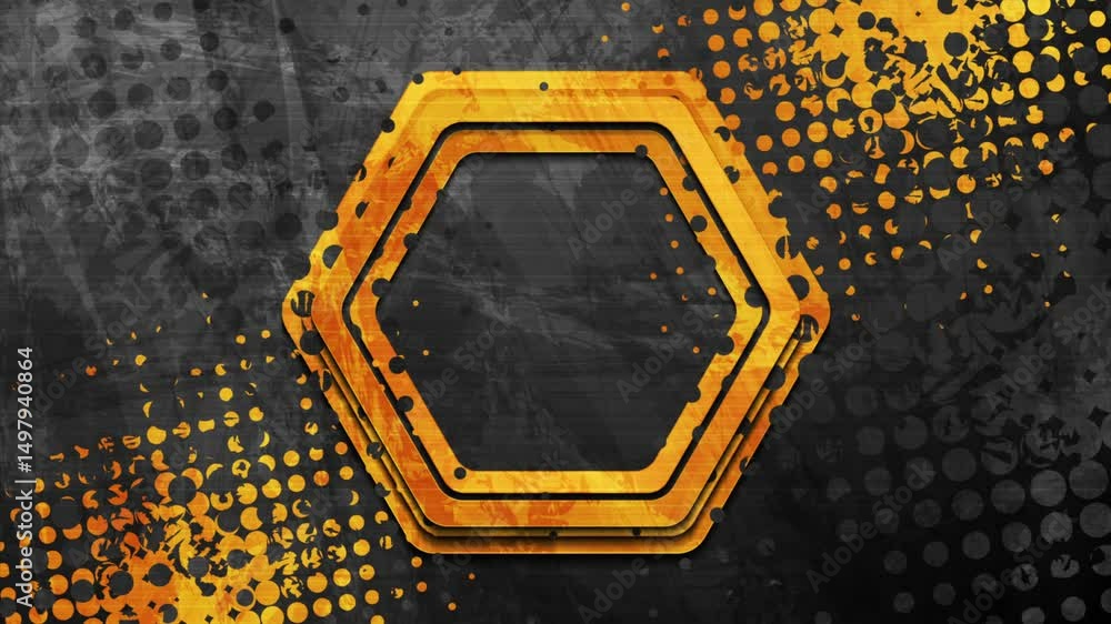 Poster black and orange contrast hexagons abstract geometric grunge background. seamless looping halftone r
