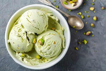 A bowl of rich pistachio ice cream with a spoon inside
