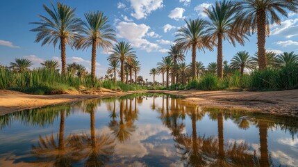 Desert oasis palm trees reflected in tranquil water