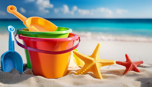 colorful sand buckets and starfish on beach sand background