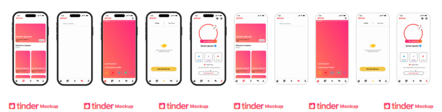Tinder mobile UI mockup PNG, Tinder profile feed template, Tinder match app interface, Tinder dating social media network layout, Tinder messaging and swipe features in Transparent Background.