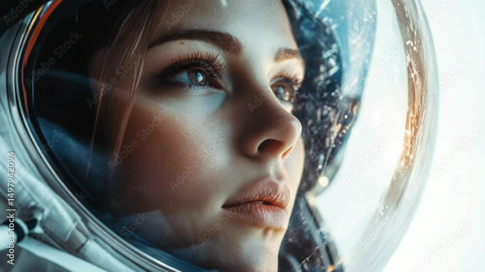 Poster a close-up view of a person's face in a space suit, with a hint of excitement and adventure