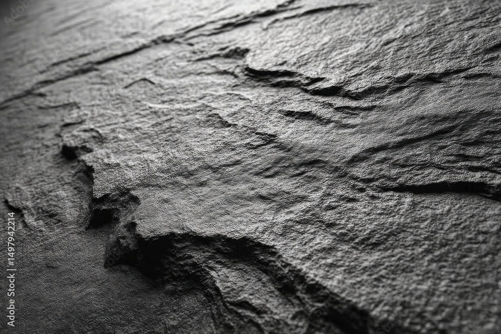 Poster a close-up of a textured slate surface revealing intricate layers and patterns, emphasizing the raw,
