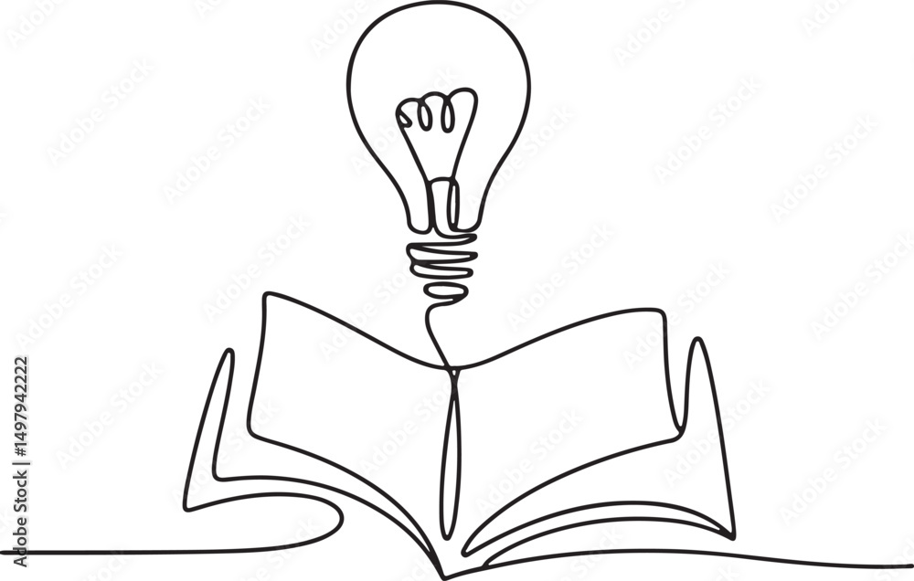 Poster continuous one line drawing of light bulb above open book, minimalist vector symbol of knowledge, id