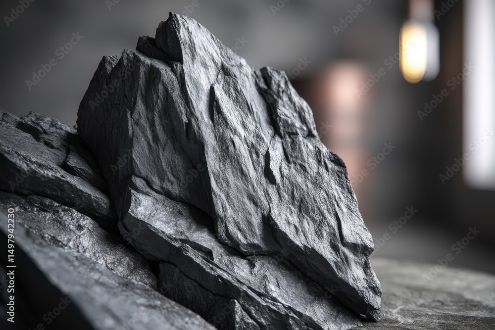 Poster close-up view of a jagged, dark grey rock formation against a blurred background, creating a contras