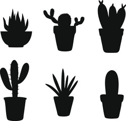 Six Black Silhouettes of Succulents and Cacti in Pots