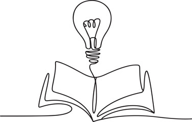 Continuous one line drawing of light bulb above open book, minimalist vector symbol of knowledge, ideas, creativity, and education

