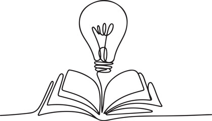 Continuous one line drawing of light bulb above open book, minimalist vector symbol of knowledge, ideas, creativity, and education

