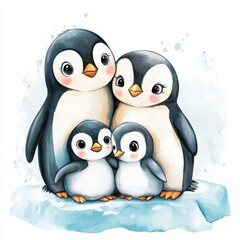 Fototapeta premium A cute cartoon penguin family clipart, with a mother and father and their baby penguin. There is an ice sheet in the background. suitable for easy coloring books or illustrations for children's design