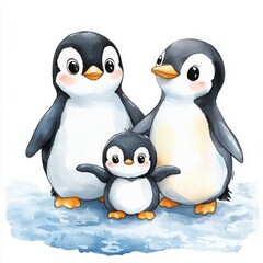 Obraz premium A cute cartoon penguin family clipart, with a mother and father and their baby penguin. There is an ice sheet in the background. suitable for easy coloring books or illustrations for children's design