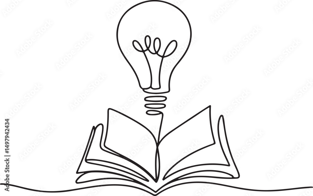 Poster continuous one line drawing of light bulb above open book, minimalist vector symbol of knowledge, id