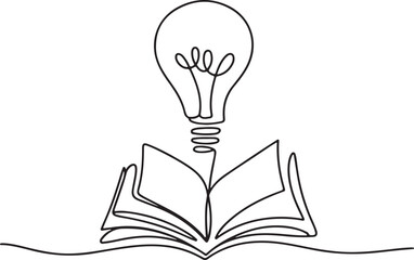 Continuous one line drawing of light bulb above open book, minimalist vector symbol of knowledge, ideas, creativity, and education

