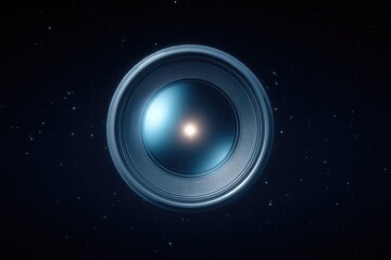 close-up of telescope lens reflecting starlight with cosmic background focusing on lens intricate details