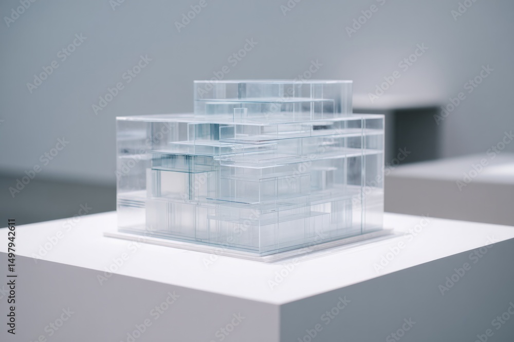 Aufkleber close-up of transparent multi-layered architectural model arranged on sleek white table showcasing i