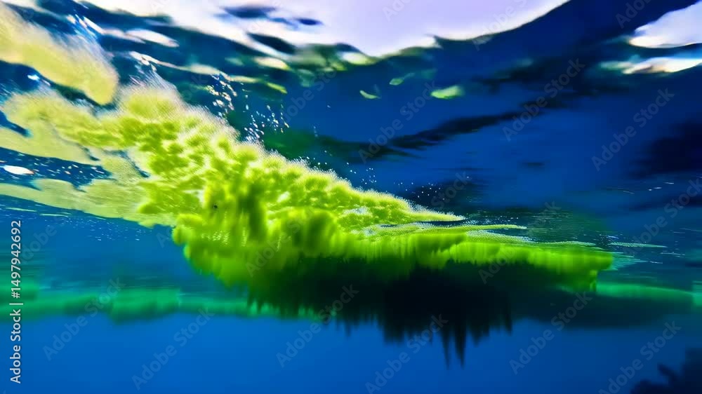 Poster underwater view of vibrant green algae bloom floating near the surface of dark blue water with sunli